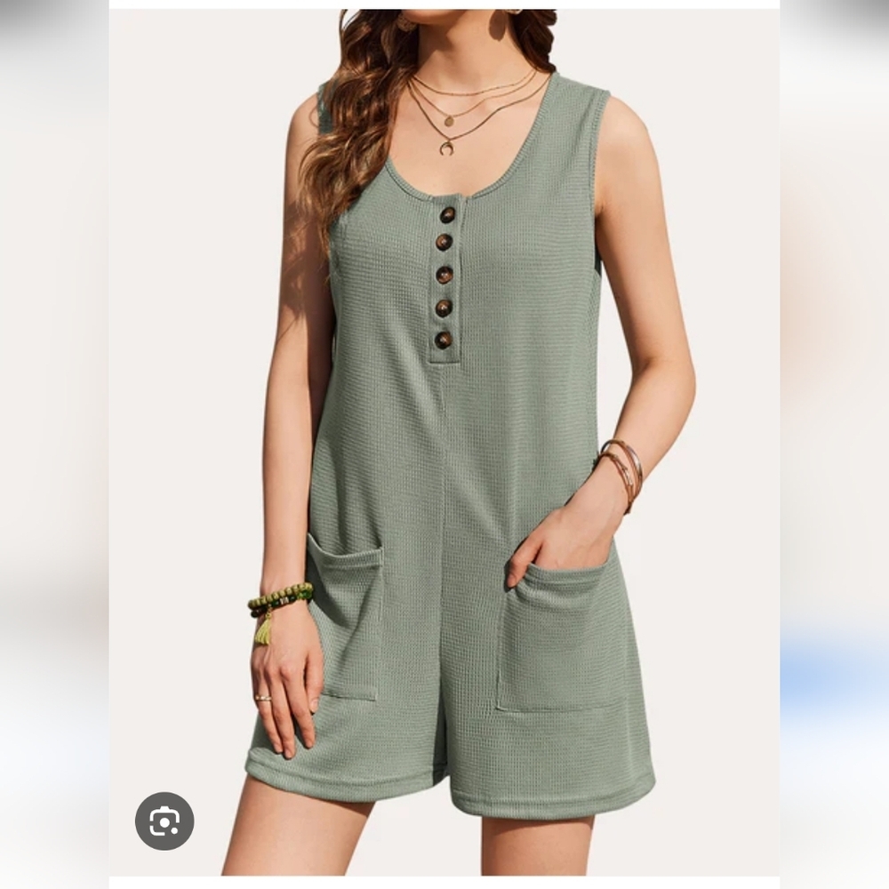 Ekouaer‎ Summer Waffle Short Overalls Beachy Bohemian Sleeveless Pockets Medium